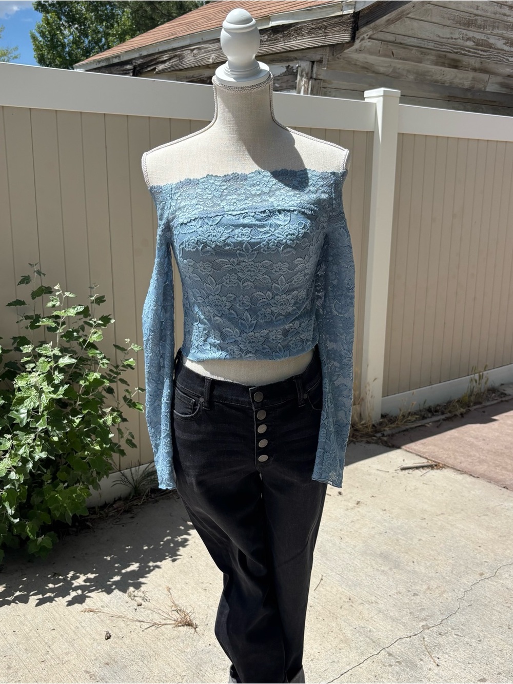 Intimately by Free People Blue Lace Long Sleeve Off the Shoulder Crop Top